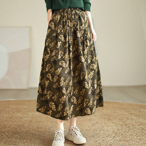 Chân váy linen retro lưng thun in những chiếc lá - NU9250