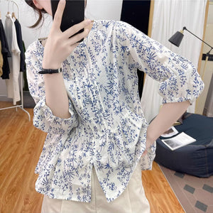 Áo sơ mi tay lửng cổ tròn xếp ly in hoa liti - NU8830
