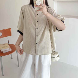 Áo sơ mi ngắn tay kiểu bồng cổ tròn bo viền - A923