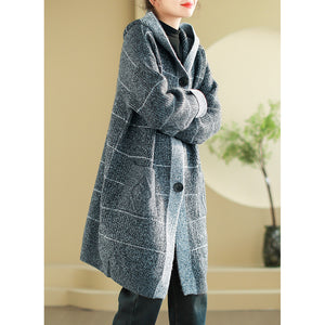 Áo khoác len đan cardigan form dài hai túi kẻ sọc có mũ - NU9560