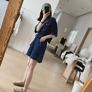 Bộ đồ denim gồm quần sooc và áo sơ mi ngắn tay cổ đức - NU8682