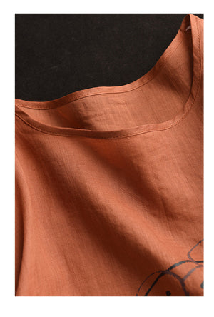 Áo T-shirt linen ngắn tay cổ tròn in chú mèo đeo kính - NU10463