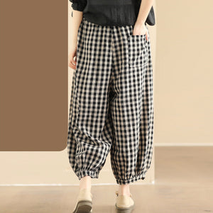 Quần baggy linen lưng thun kẻ caro gấu bo chun - Q209