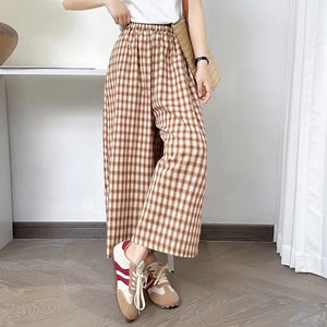Quần baggy linen lưng thun ống rộng kẻ caro hai túi chéo - NU10159