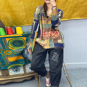 Áo khoác len cardigan dài tay cổ V in hoa văn retro - NU9190