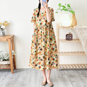 Đầm liền linen ngắn tay cổ tròn chiết eo xếp ly in hoa văn trừu tượng - NU8800