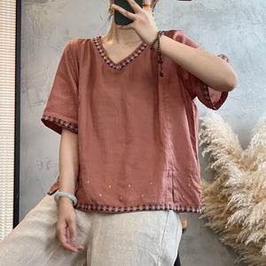 Áo T-shirt linen ngắn tay cổ V thêu bo viền - NU10071