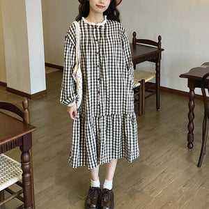 Đầm liền linen Morigirl dài tay cổ tròn kẻ caro - D040