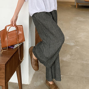 Quần baggy linen lưng thun kẻ caro ống rộng - NU9869