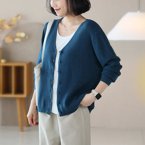 Áo khoác len dệt kim cardigan dài tay cổ V đơn sắc - NU9259
