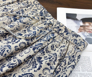 Quần baggy linen lưng thun ống rộng in hoa văn trừu tượng - Q247