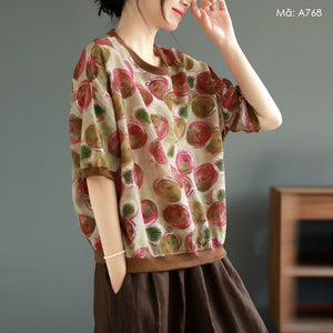 Áo T-shirt linen ngắn tay cổ tròn in hoa lá bo viền - A763