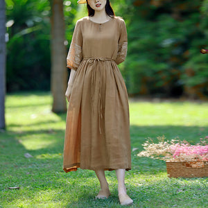Đầm liền linen ngắn tay cổ tròn một khuy thêu hoa văn - NU8785