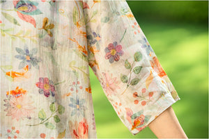 Đầm liền linen ngắn tay cổ tròn kiểu sườn xám in hoa lá - NU9988