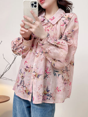 Áo sơ mi linen dài tay cổ cánh sen in hoa lá - A685