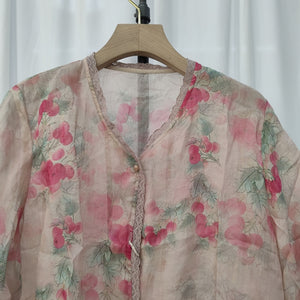 Áo sơ mi linen ngắn tay cổ V in hoa lá bo ren - A892