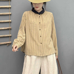 Áo sơ mi linen dài tay cổ đức kẻ sọc một túi - A683