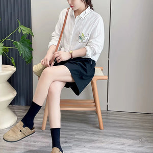 Áo sơ mi linen dài tay cổ pipi thêu hoa lá bo viền - NU9705