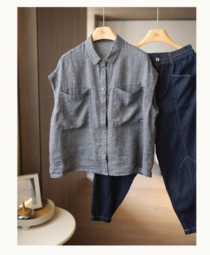 Áo sơ mi linen sát nách cổ đức hai túi kẻ caro - NU8979