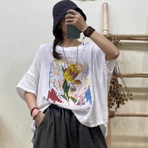 Áo T-shirt linen ngắn tay cánh dơi in hoa trừu tượng - NU8947
