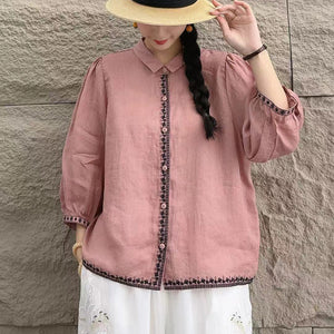 Áo sơ mi linen tay lửng cổ pipi thêu bo viền - A693