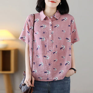 Áo sơ mi linen ngắn tay cổ đức in những chú chim - NU8815
