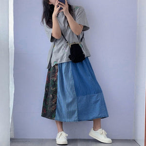 Chân váy linen lưng thun thêu chắp vá kẻ sọc - NU10098