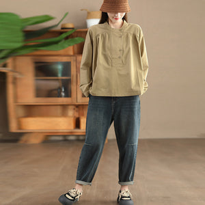 Áo sơ mi linen dài tay bồng cổ đứng  - A696