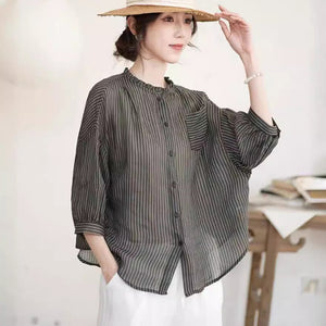 Áo sơ mi linen ngắn tay cổ đứng kẻ sọc - NU10079