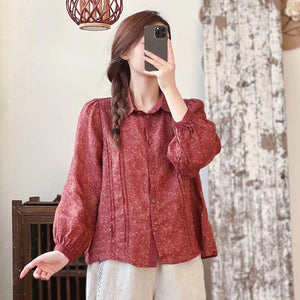 Áo sơ mi linen dài tay cổ đức in hoa lá liti kiểu xếp ly - NU9858