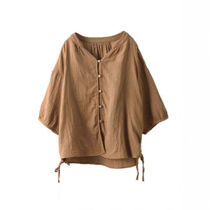 Áo sơ mi linen ngắn tay cổ đứng khuy tròn - A825