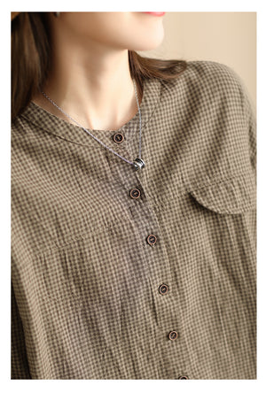Áo sơ mi linen dài tay cổ tròn kẻ caro túi nắp tròn - NU9966