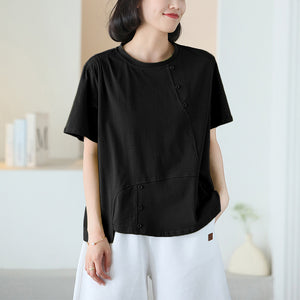 Áo T-shirt ngắn tay cổ tròn kiểu đính khuy lệch - NU10379