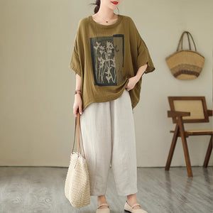 Áo T-shirt linen ngắn tay cổ tròn form rộng in hoa lá - NU8898