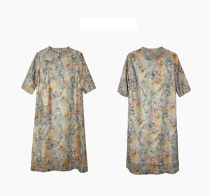 Đầm liền linen ngắn tay cổ tàu in hoa lá liti - NU10510