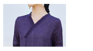 Đầm liền linen ngắn tay cổ V xếp ly eo thắt dây - NU10414