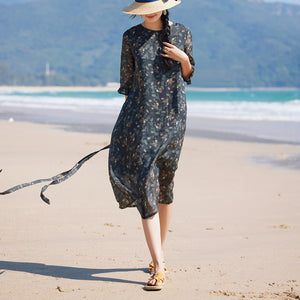Đầm liền linen ngắn tay cổ tròn in những chiếc lá - NU9900