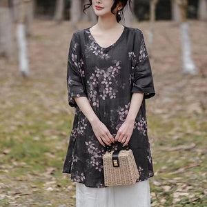 Áo sơ mi linen tay lửng cổ V form dài in hoa lá - NU10012