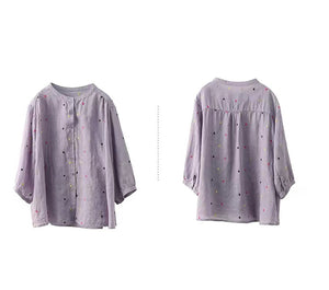 Áo sơ mi linen ngắn tay cổ tròn thêu những chấm màu - NU10306