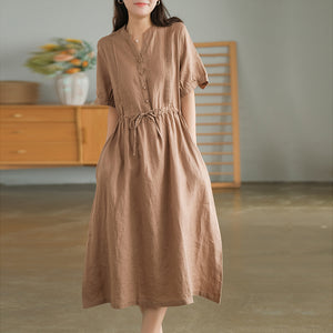 Đầm liền linen ngắn tay cổ V xếp ly đối xứng - NU8686