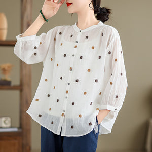 Áo sơ mi linen tay lửng cổ đứng thêu chấm sao - NU10093