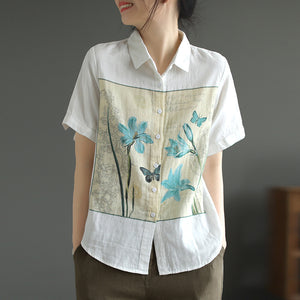 Áo sơ mi linen ngắn tay cổ đức in hoa loa kèn - NU8806
