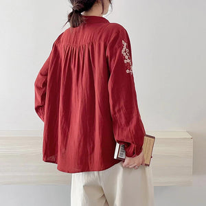 Áo sơ mi linen dài tay cổ pipi thêu hoa đối xứng - NU9723