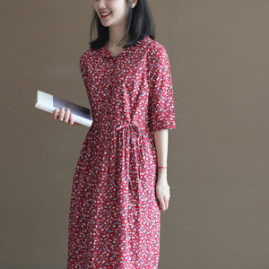 Đầm liền linen ngắn tay cổ pipi in hoa lá liti - NU10018