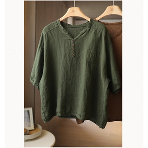 Áo T-shirt linen ngắn tay cổ V khuy cài một túi nhỏ - NU8982