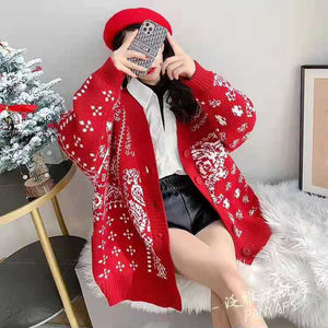 Áo khoác len dài tay cổ V hoa văn trừu tượng khuy lớn - NU9567