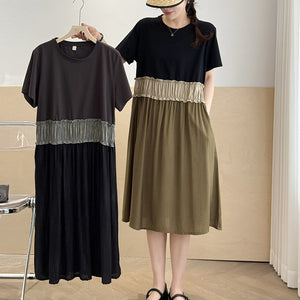 Đầm liền linen ngắn tay cổ tròn kiểu hai tầng - D043