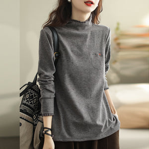 Áo T-shirt dài tay cổ lọ đính ren thêu túi hoa - NU9644