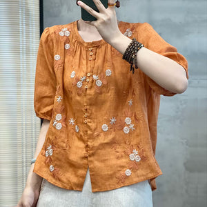 Áo sơ mi linen ngắn cổ tròn xếp ly thêu hoa lá - NU9773