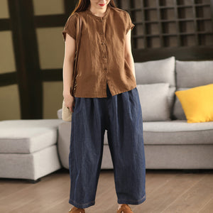 Áo sơ mi linen ngắn tay cổ tròn xếp ly - A804